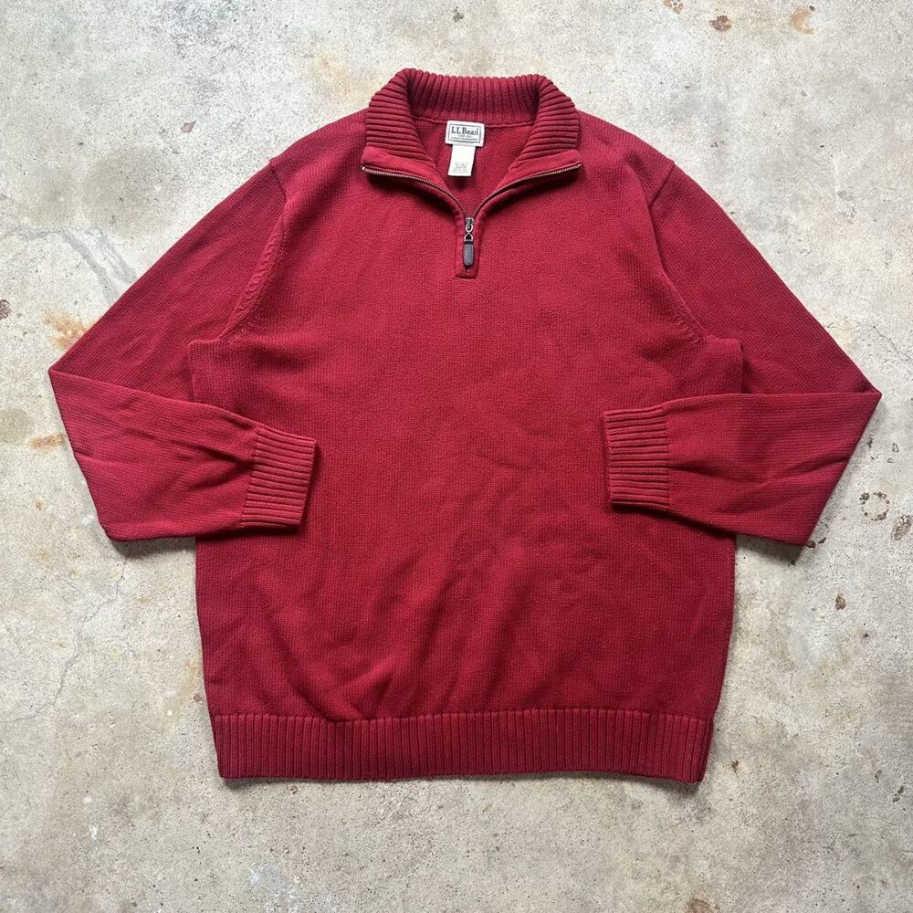 VTG Red L.L. Bean Cotton Knit Quarter 1/4 Zip Sweater Size XL